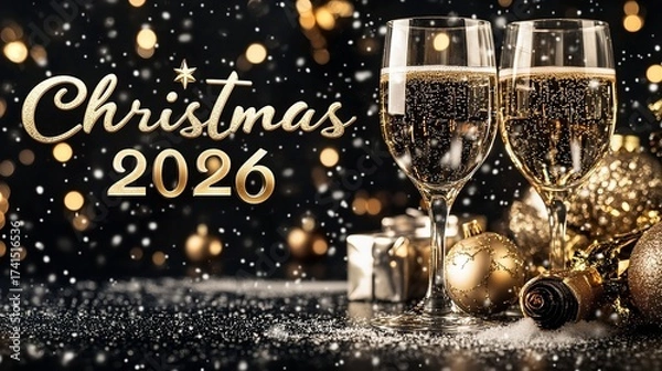 Obraz A contemporary, minimalist "Christmas 2026" banner featuring a black and gold luxury motif, champagne glasses clinking, strong metallic text, Generative AI.