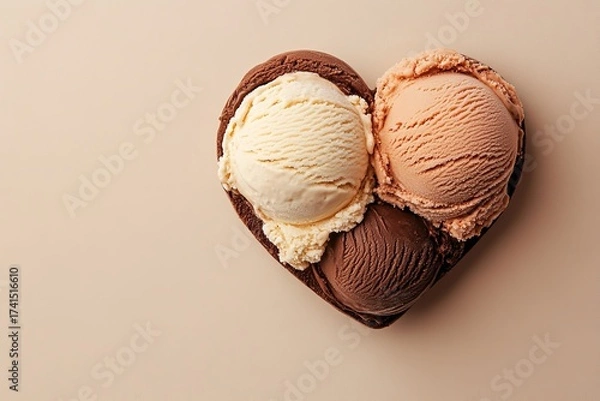 Obraz A heart-shaped design with chocolate and vanilla ice cream on opposite sides set against a pastel beige backdrop, Generative AI.
