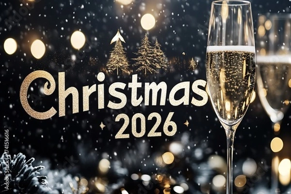 Obraz A contemporary, minimalist "Christmas 2026" banner featuring a black and gold luxury motif, champagne glasses clinking, strong metallic text, Generative AI.