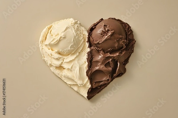 Obraz A heart-shaped design with chocolate and vanilla ice cream on opposite sides set against a pastel beige backdrop, Generative AI.