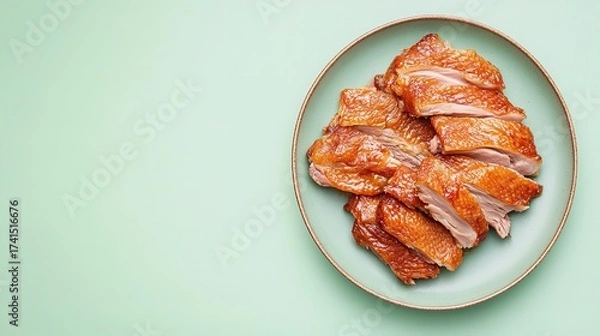 Obraz A plate with crispy skin from Peking ducks on a pale green backdrop, Generative AI.
