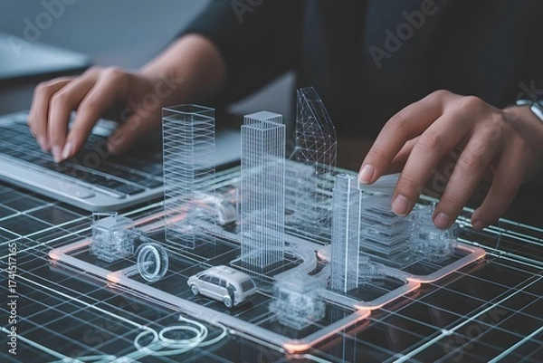 Fototapeta Hands typing on a laptop keyboard interacting with a holographic city model representing future urban planning and technology