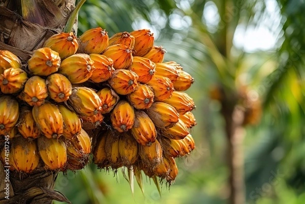 Obraz On a background of palm trees, fresh oil palm bunches, Generative AI.