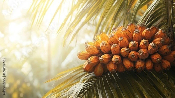 Obraz On a background of palm trees, fresh oil palm bunches, Generative AI.