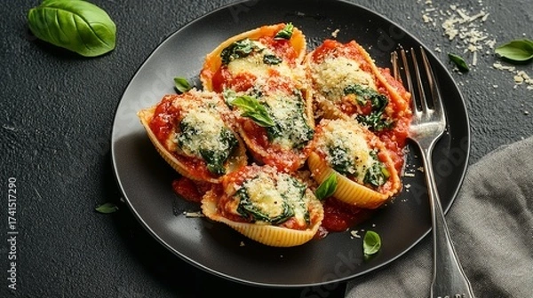 Obraz On a plate with a fork, tiny pasta shells filled with spinach and ricotta are topped with cheese and a delicious tomato sauce against a sleek, Generative AI.