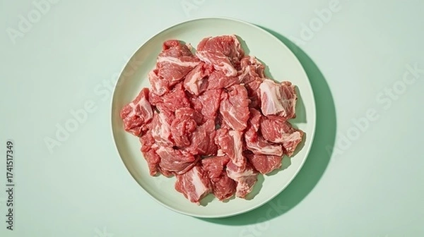 Obraz Sliced raw tripe on a platter against a pale green backdrop, Generative AI.