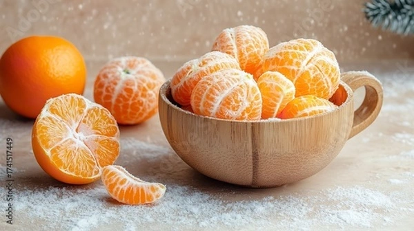 Fototapeta Snowfall and a cup of coffee with peeling mandarins in a wooden bowl against a light beige backdrop, Generative AI.