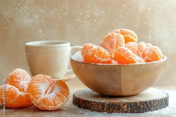 Obraz Snowfall and a cup of coffee with peeling mandarins in a wooden bowl against a light beige backdrop, Generative AI.