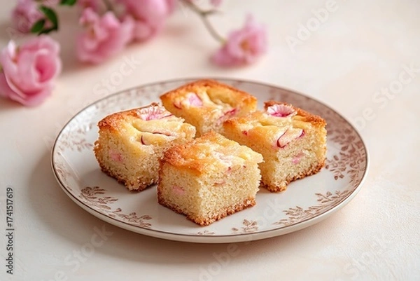 Fototapeta Squares of pink lady apple cake on a platter with a light beige background, Generative AI.