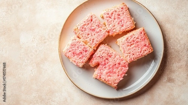 Obraz Squares of pink lady apple cake on a platter with a light beige background, Generative AI.