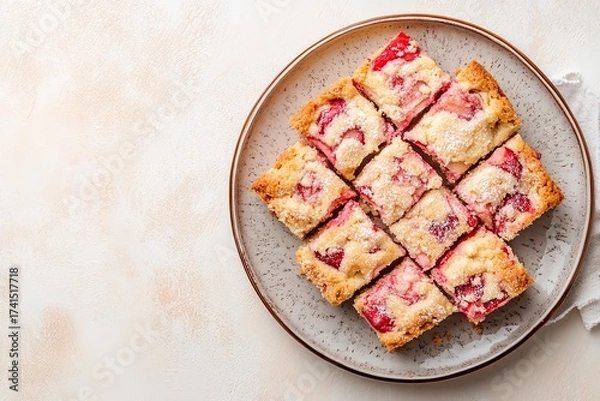 Obraz Squares of pink lady apple cake on a platter with a light beige background, Generative AI.