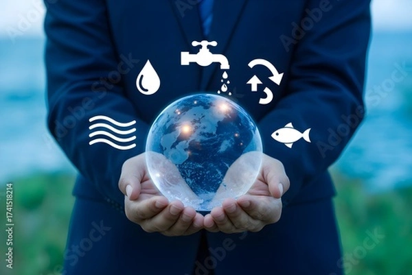 Fototapeta Businessman holding a globe with water conservation icons representing environmental protection and sustainable resources isolated on nature background