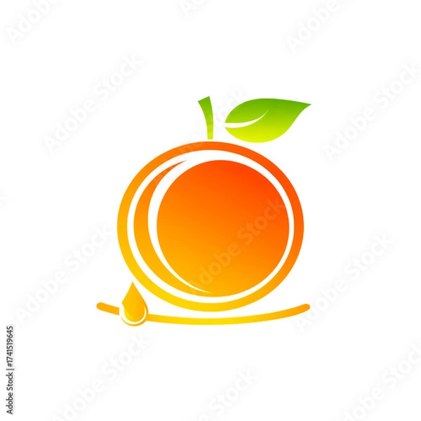 Fototapeta Vibrant orange fruit illustration featuring a circular, layered rind motif, a green leaf, and a small drop of juice. Modern, fresh branding symbol suitable for food, juice, or health campaigns.
