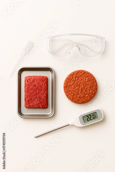 Fototapeta A clean studio shot featuring clear safety goggles, a metal tray with red meat, a dropper, and a digital thermometer displaying 22.0°C, suggesting food safety and laboratory testing.