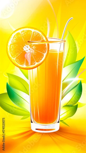 Fototapeta Vibrant illustration of orange juice in a tall glass, garnished with an orange slice. Lush green leaves and a sunny yellow backdrop convey freshness, energy, and summertime refreshment.