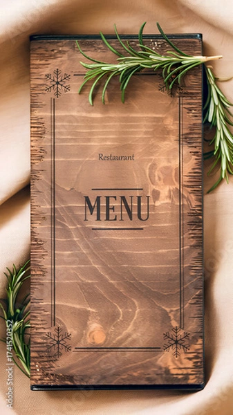 Fototapeta A rustic wooden menu cover accented by bright rosemary sprigs, set on a soft fabric background to convey warm, inviting dining and a touch of gourmet elegance.