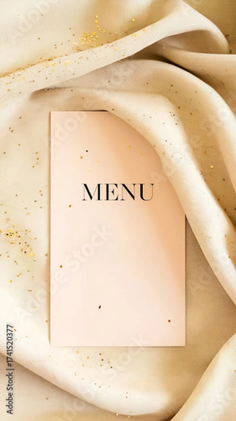 Fototapeta Pale pink menu card rests on luxurious cream fabric, sprinkled with tiny gold confetti. Composition conveys celebration, elegance, refined dining, ideal for event menus, weddings, upscale promotions.