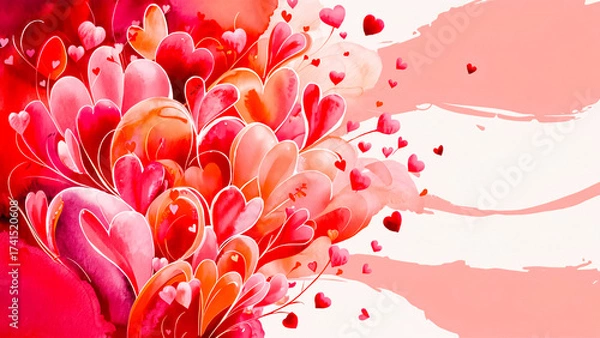Fototapeta A vivid collage of pink and red heart shapes arranged like a blooming bouquet with sweeping brush strokes. Perfect for Valentine campaigns, romance, family, and festive marketing materials.