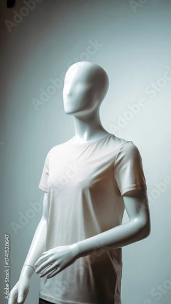 Fototapeta A featureless white mannequin wearing a simple white tee, set in a clean studio with soft, cool lighting. Ideal for fashion, retail, product display, or advertising campaigns.