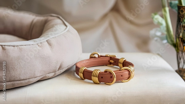 Fototapeta A stylish brown leather dog collar with multiple gold rings rests on a light fabric surface beside a plush beige pet bed, conveying luxury, comfort, and premium pet accessories.
