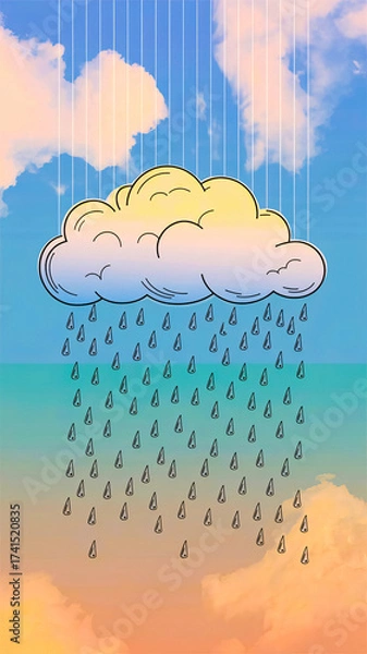 Fototapeta A whimsical cartoon rain cloud drips uniform raindrops against a dreamy pastel sky gradient, blending graphic line art with a playful mood perfect for weather, concept, or creative projects.