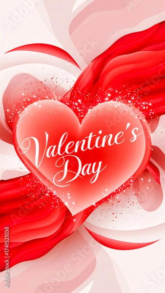 Fototapeta Romantic Valentine’s Day themed image featuring a glossy red heart, flowing ribbons, and sparkling particles. Perfect for love, romance, cards, banners, and greeting media.