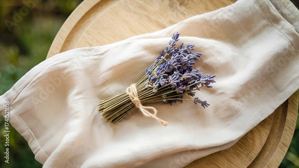 Fototapeta A delicate bundle of lavender binds with twine rests on a softly lit linen cloth atop a wooden tray, evoking rustic, calm, and natural home decor vibes.