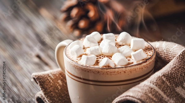 Fototapeta A warm mug of cocoa topped with fluffy marshmallows sits on a textured wooden table, wrapped in a burlap cloth. A pinecone and soft lighting create a cozy, festive winter mood.