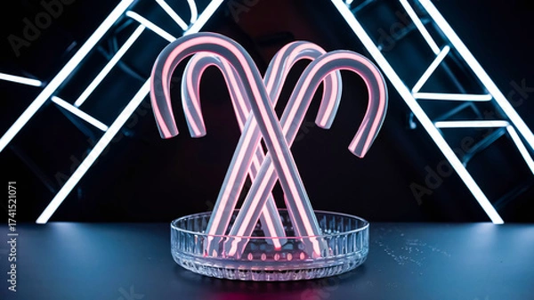 Fototapeta Vivid neon pink candy canes rest in a glass dish, set against a bold geometric neon backdrop. This modern holiday image conveys celebration, style, and bright seasonal charm.