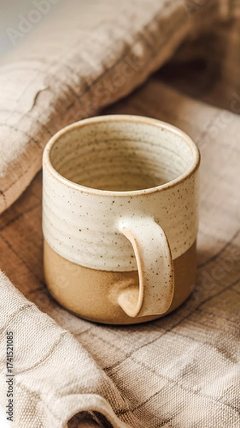 Fototapeta A rustic ceramic mug with a speckled beige glaze and sturdy handle rests on soft linen fabric, evoking warmth, coziness, and relaxed mornings.
