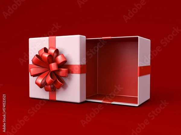 Obraz Blank product display gift box mockup exhibition booth stand open or opened present box with red ribbon bow isolated on dark red background with shadow minimal creative idea conceptual 3D rendering