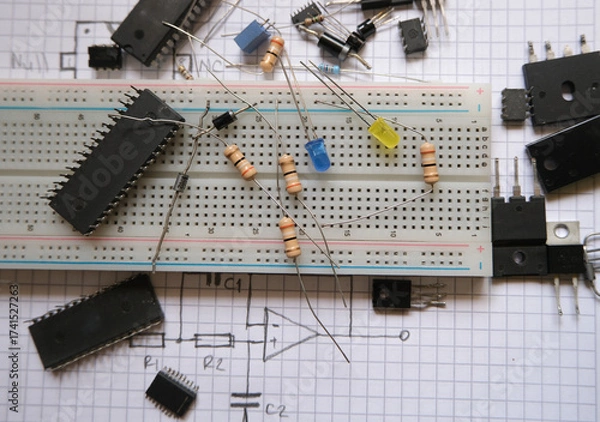 Fototapeta Electronic components in laboratory. Analog integrated circuits, resistors, LEDs on a breadboard. 