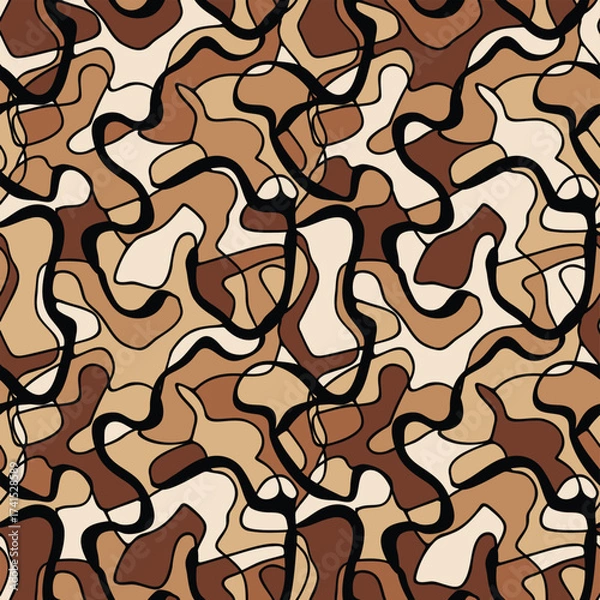 Obraz Abstract seamless pattern with flowing organic shapes in various shades of brown and beige, outlined in black, creating a stylish earth-tone camouflage design.