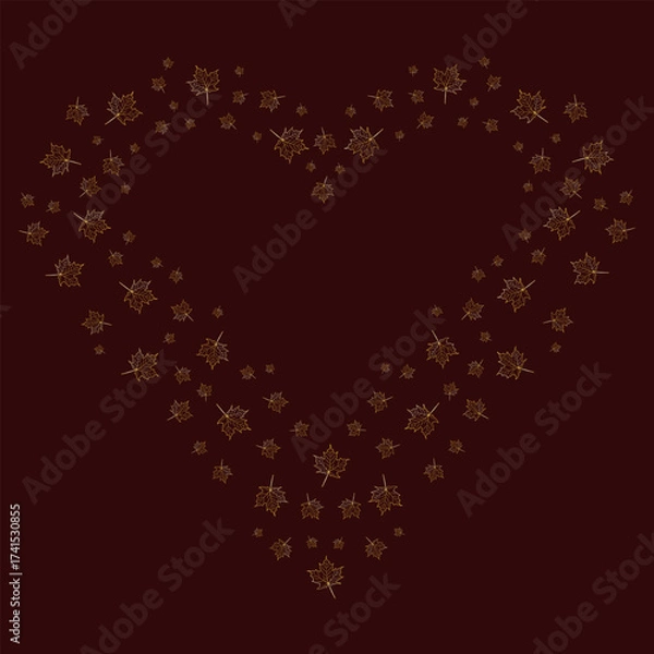 Fototapeta Golden autumn maple leaves forming a heart shape on dark background. Cozy, elegant fall design for seasonal greeting card, invitation, poster, or print