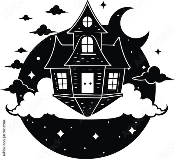 Fototapeta Spooky haunted house silhouette with bats, moon, and tree on a dark hill at night, perfect for a Halloween vector illustration