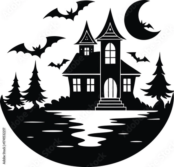 Fototapeta Spooky haunted house on a hill, a dark autumn night with a scary moon and bat silhouette vector illustration