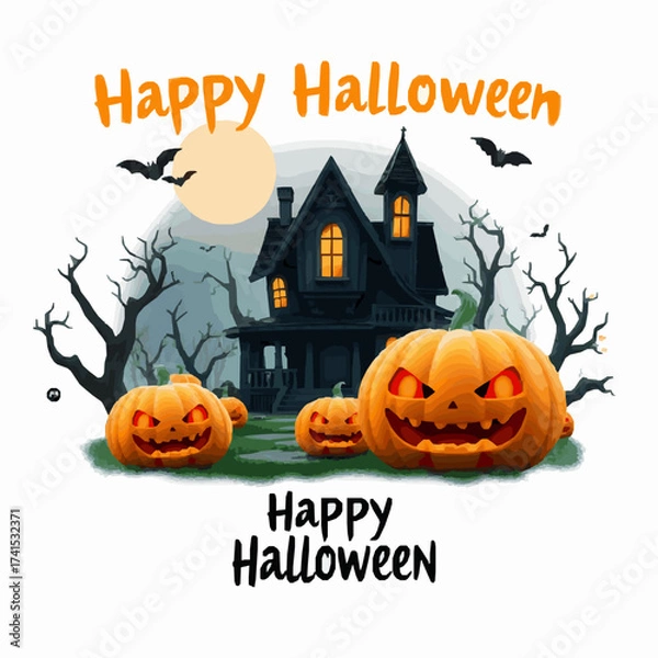 Fototapeta Spooky Halloween scene with jack o lanterns and haunted house