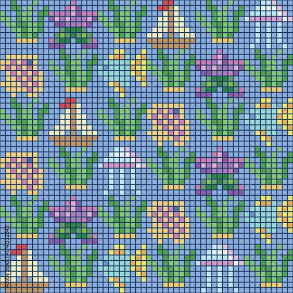 Fototapeta Abstract seamless ocean-themed mosaic pattern with starfish, fish, ship and seaweed. Vector illustration.