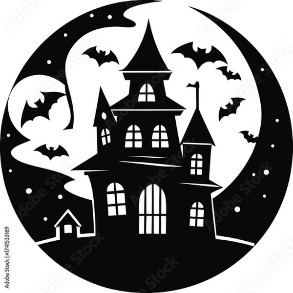 Fototapeta A scary haunted house silhouette against a night moon with bats and pumpkins is a spooky Halloween vector illustration