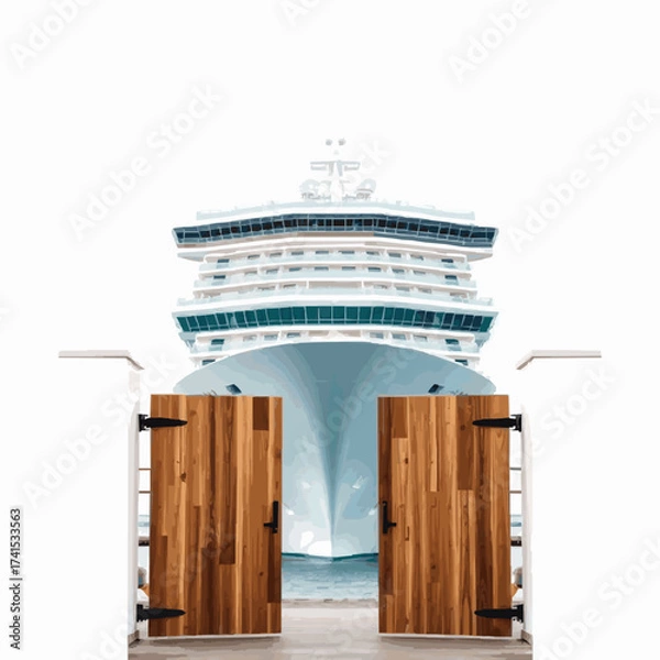 Fototapeta Open wooden gates revealing large cruise ship at sea