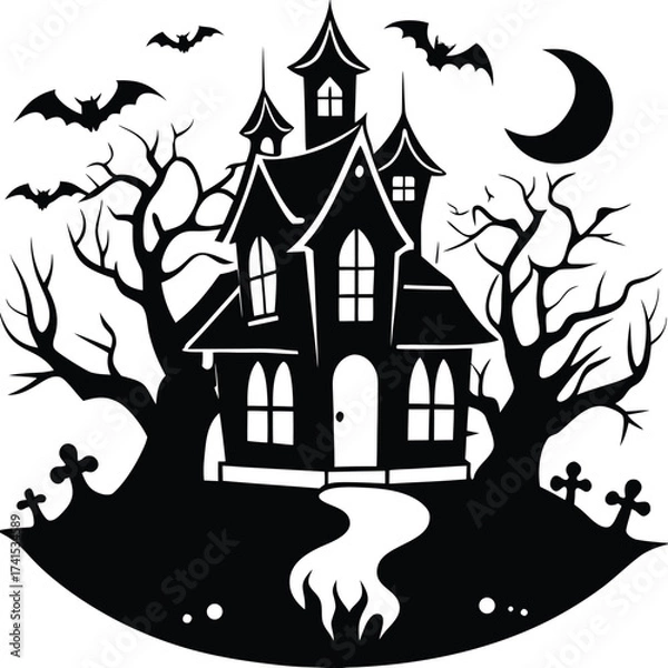 Fototapeta Spooky haunted house on a hill with bats and a full moon at night