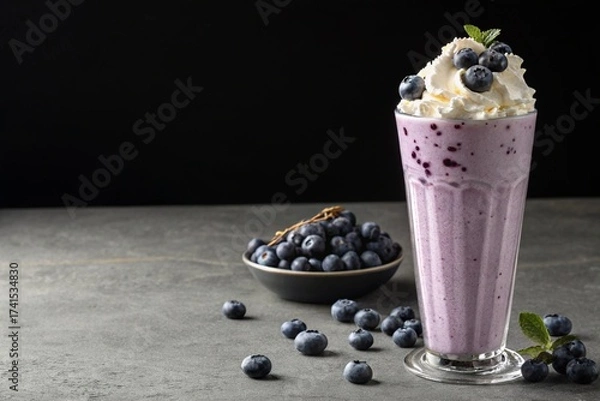 Fototapeta blueberry milkshake with whipped cream and berries, dark minimal background with text space