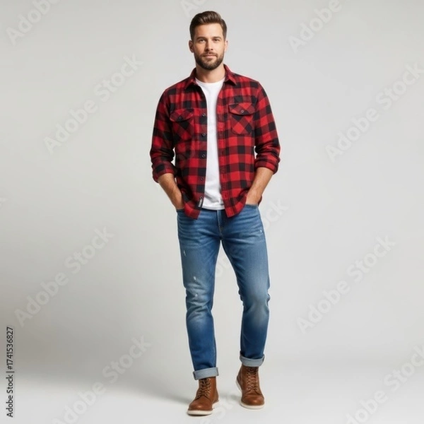 Fototapeta Stylish man in plaid shirt and jeans confidently posing indoors with subtle grey background