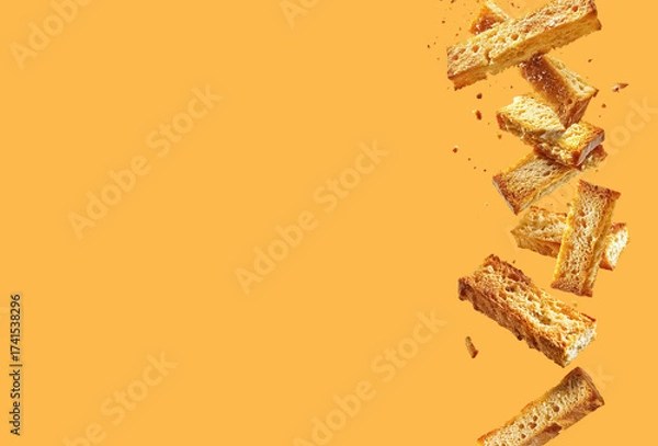 Obraz crunchy baked crackers set isolated yellow background. Sample image for package design