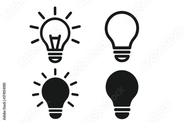 Fototapeta Light bulb icon set. Vector pictograph collection for idea, creativity, and innovation concepts. Includes shining and off, line and solid styles. Symbol of energy, solution, power.