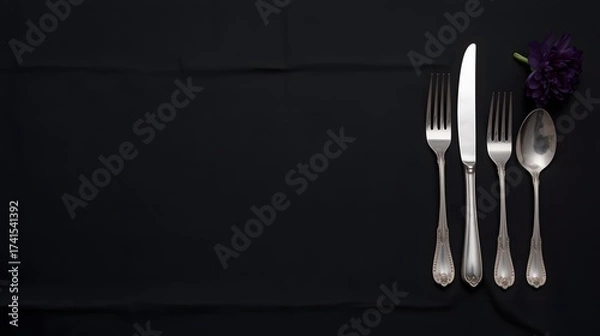 Obraz Elegant silverware arrangement set against a stark backdrop with a delicate purple flower accent.
