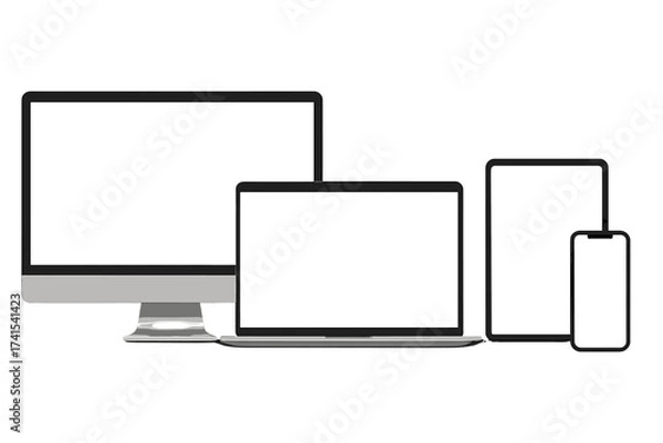 Fototapeta Realistic device mockup set. Computer monitor, laptop, tablet, smartphone with blank white screen. Modern electronic gadgets for responsive web design presentation. Vector template.