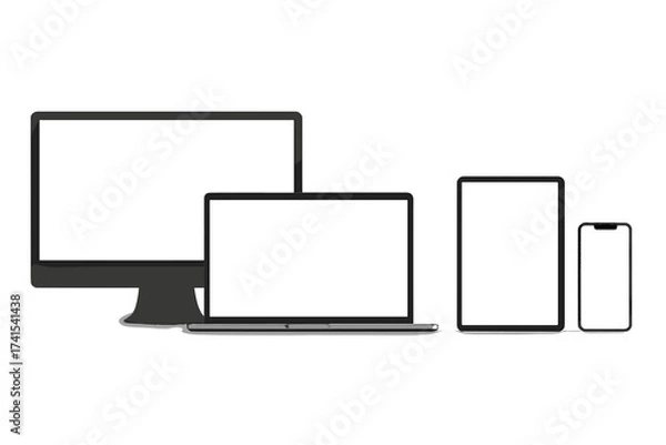 Fototapeta Realistic device mockup set. Computer monitor, laptop, tablet, and mobile phone with empty white screens. Various modern electronic gadgets isolated on white background. Vector.