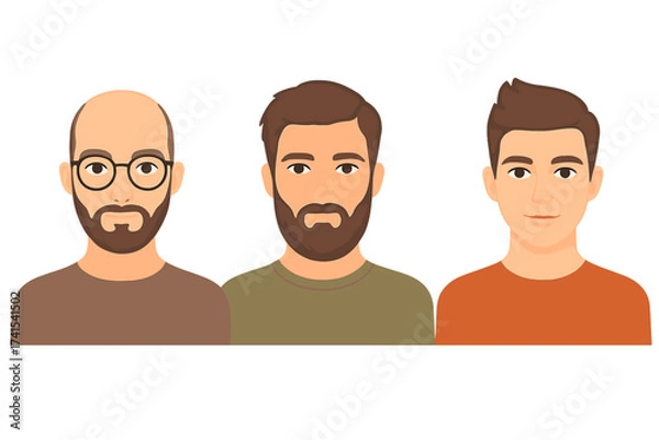 Fototapeta Men character creator set. Vector cartoon portraits. Bald man with glasses and beard. Guy with modern hairstyle. Different male appearances and haircuts. User avatar icons.
