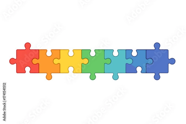 Fototapeta Rainbow jigsaw puzzle row. Vector banner for business strategy, connection, teamwork, problem-solving, and solutions. Partnership, integration, and process concept design.